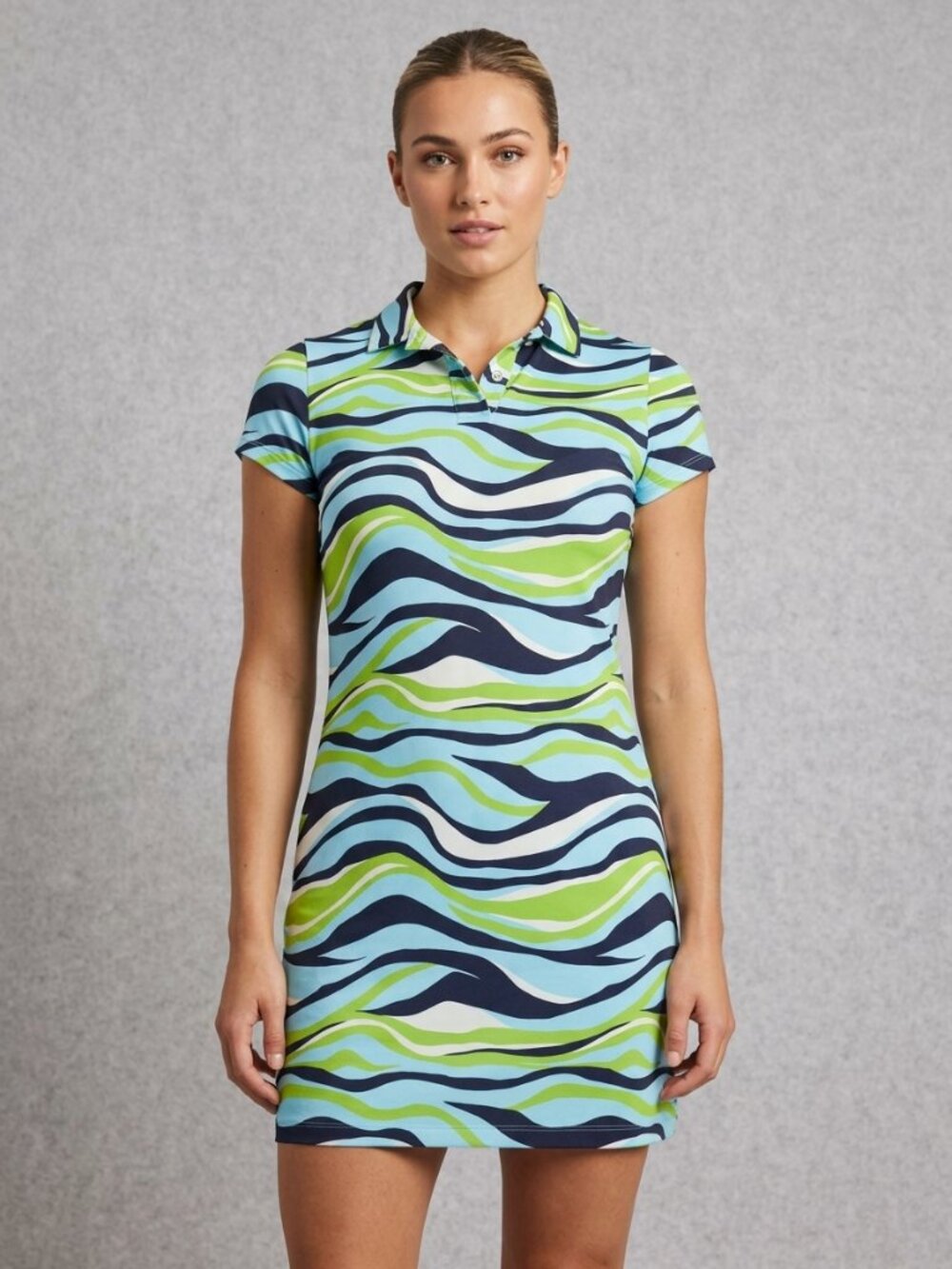 Jude Connally Polo Dress Womens Medium Blue Green Wave Print Sheath Dress USA